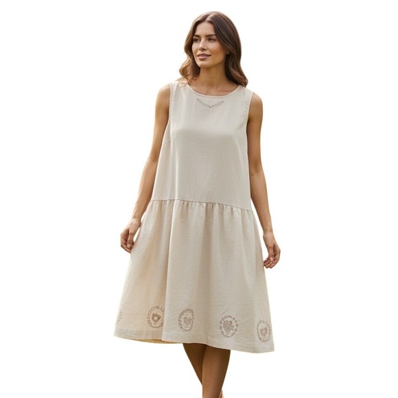 Gudrun Sjoden Dresses & Skirts - Gudrun Sjoden‎ Linen Organic Cotton Dress Beige Embroidered Midi Size M Cottage